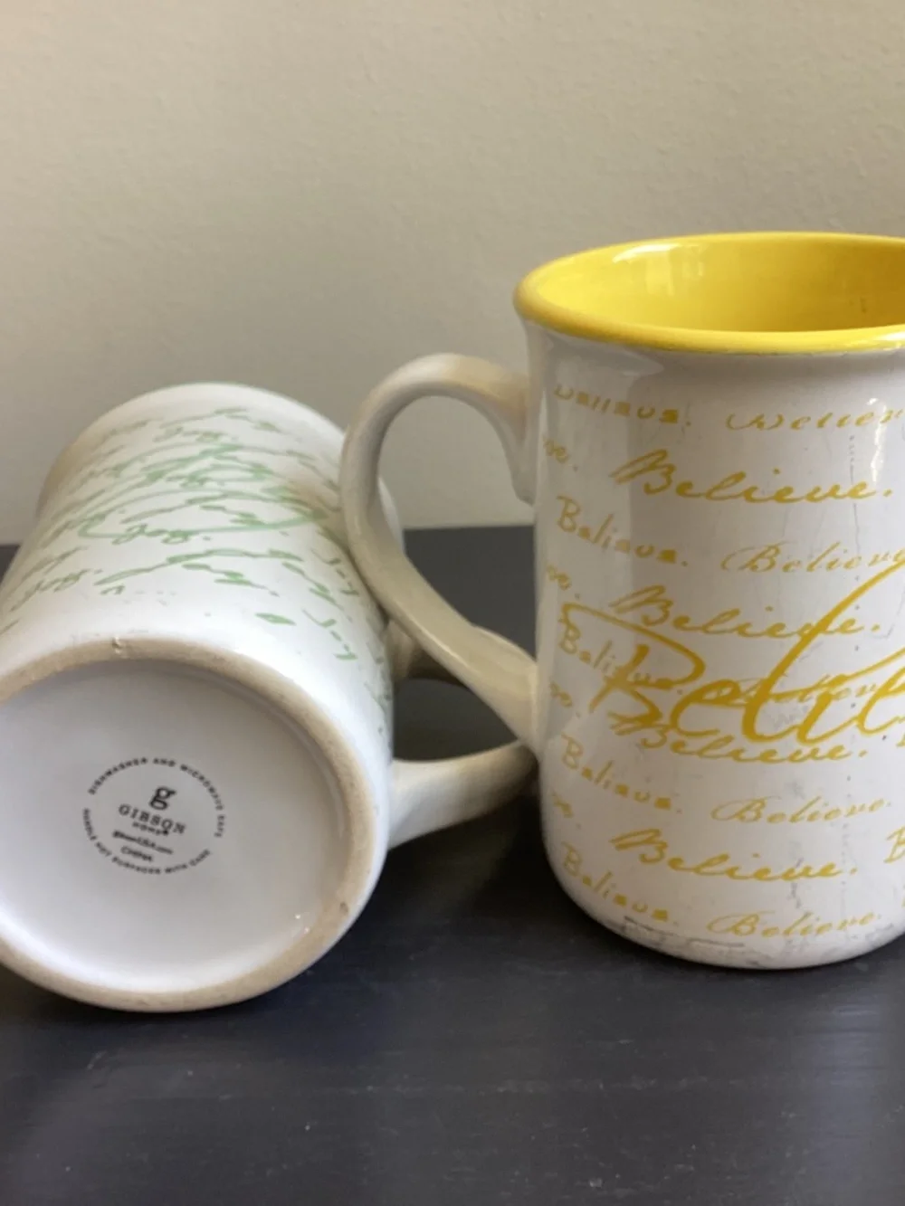Set of 2 Gibson Coffee Mugs “Believe and Faith” 16oz Yellow n Green